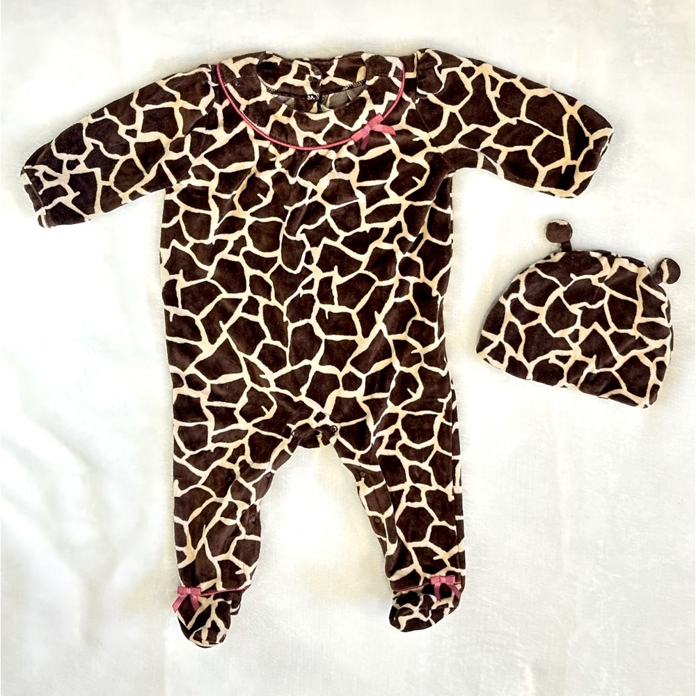 Crazy 8 Vintage ROMPER HAT 3-6 mos baby girl giraffe safari velour footed